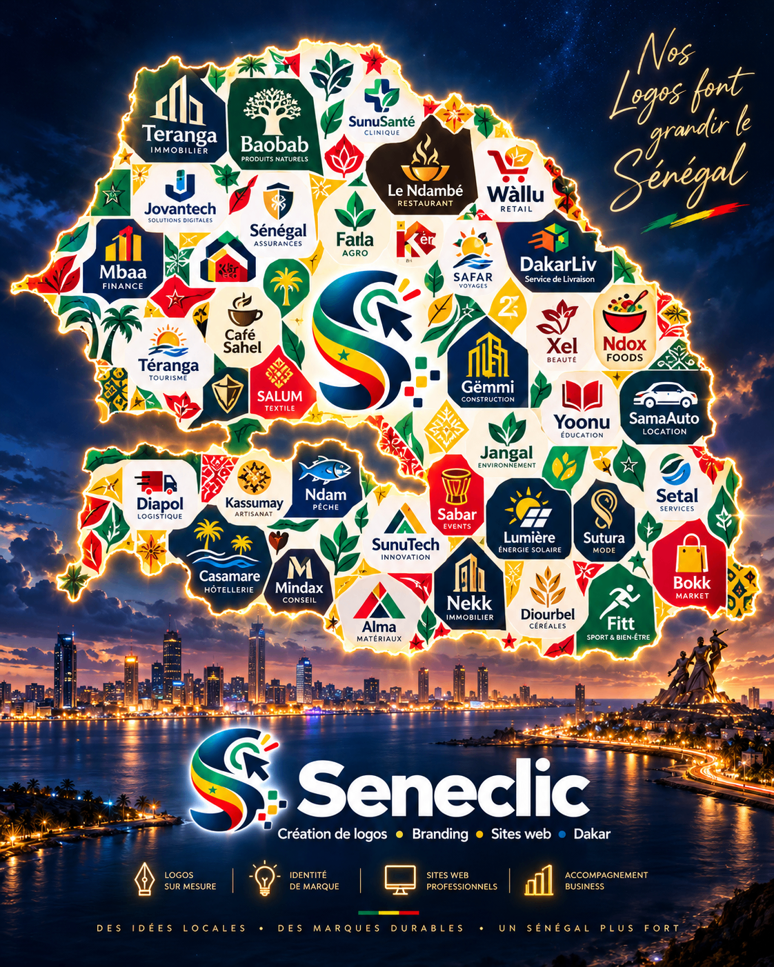 Affiche Seneclic : la carte du Sénégal composée de logos d'entreprises, au-dessus de la baie de Dakar illuminée la nuit, avec le logo Seneclic et ses quatre pôles de services.